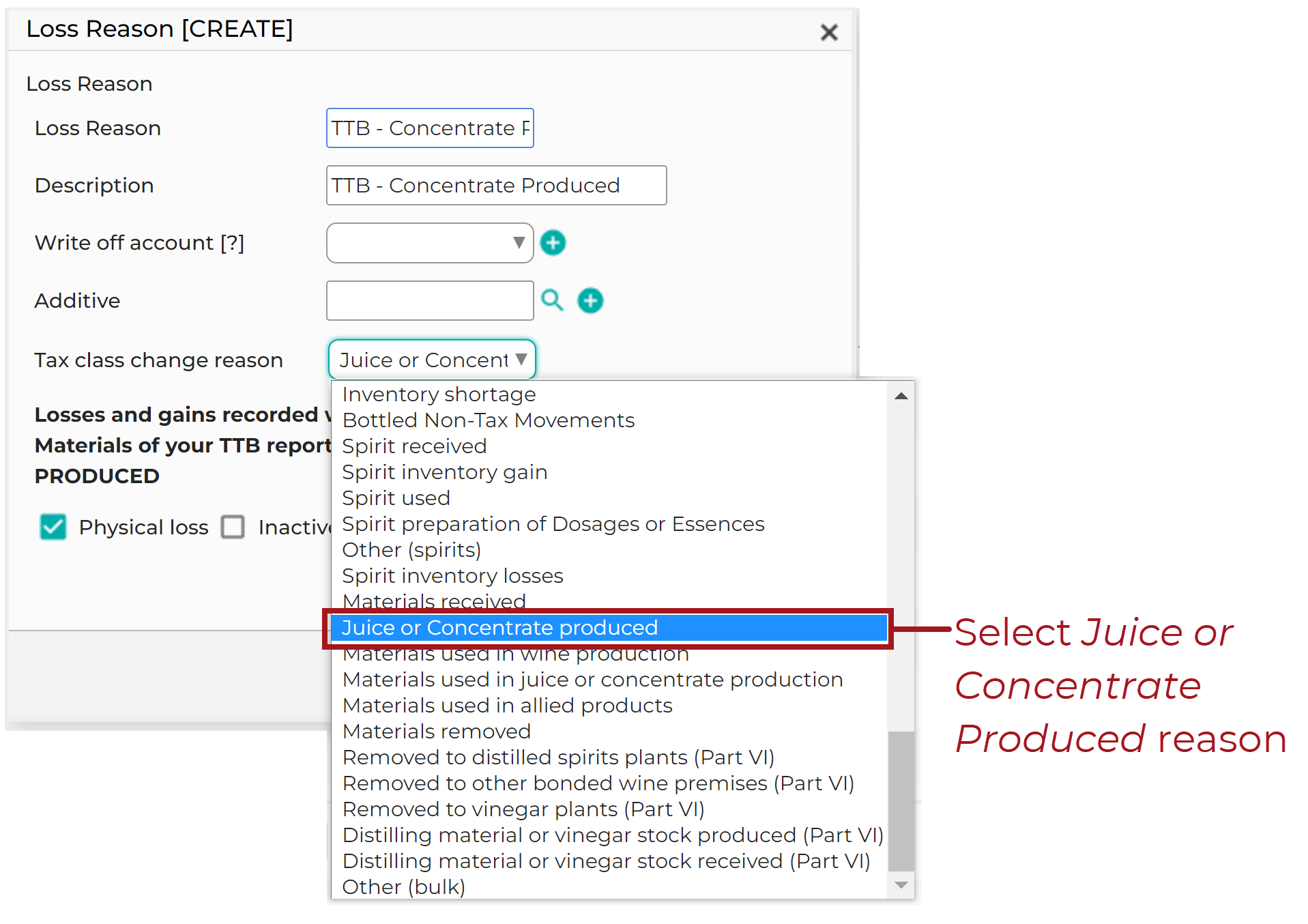 Loss Reason - TTB Concentrate Produced 20230719.png