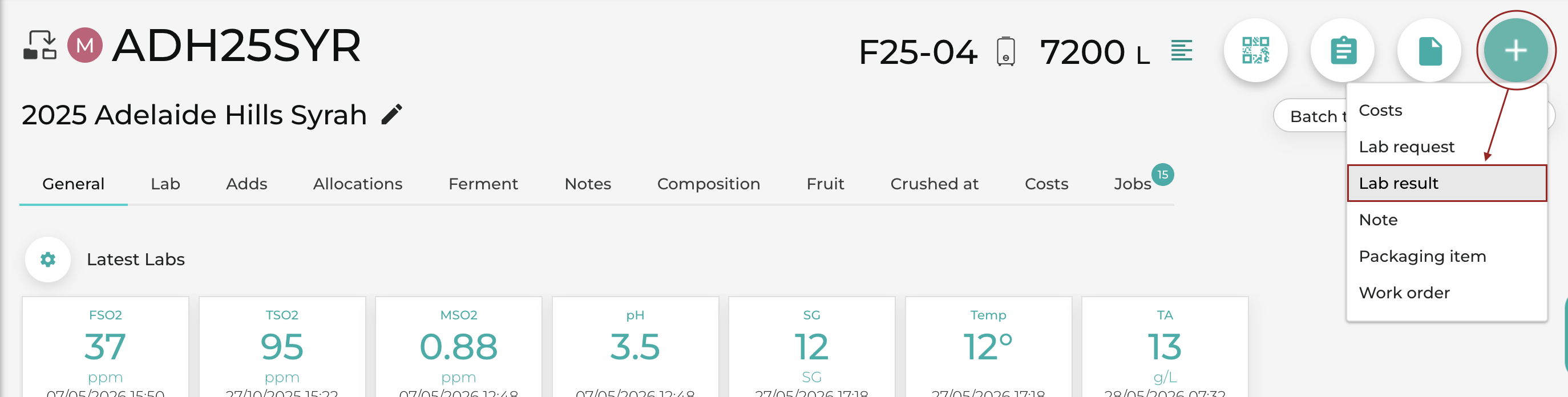 Adding a Lab result from the Wine Overview screen